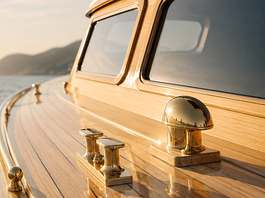 Varnished deck and polished brass of a well-kept boat