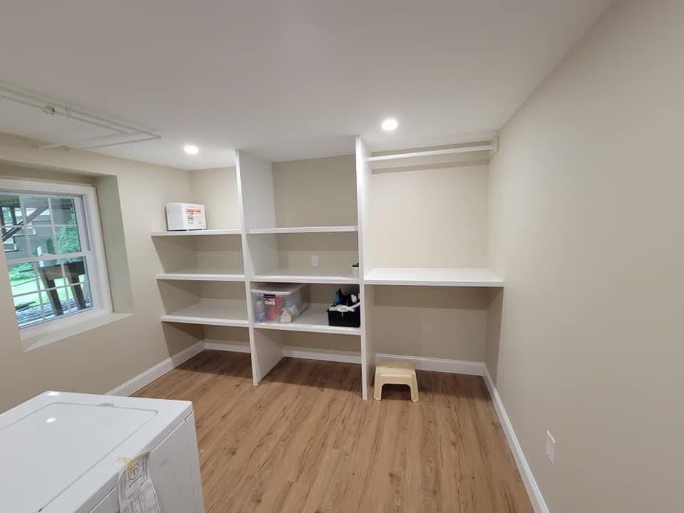 Basement laundry room built-in shelving, companion angle, Lynnfield