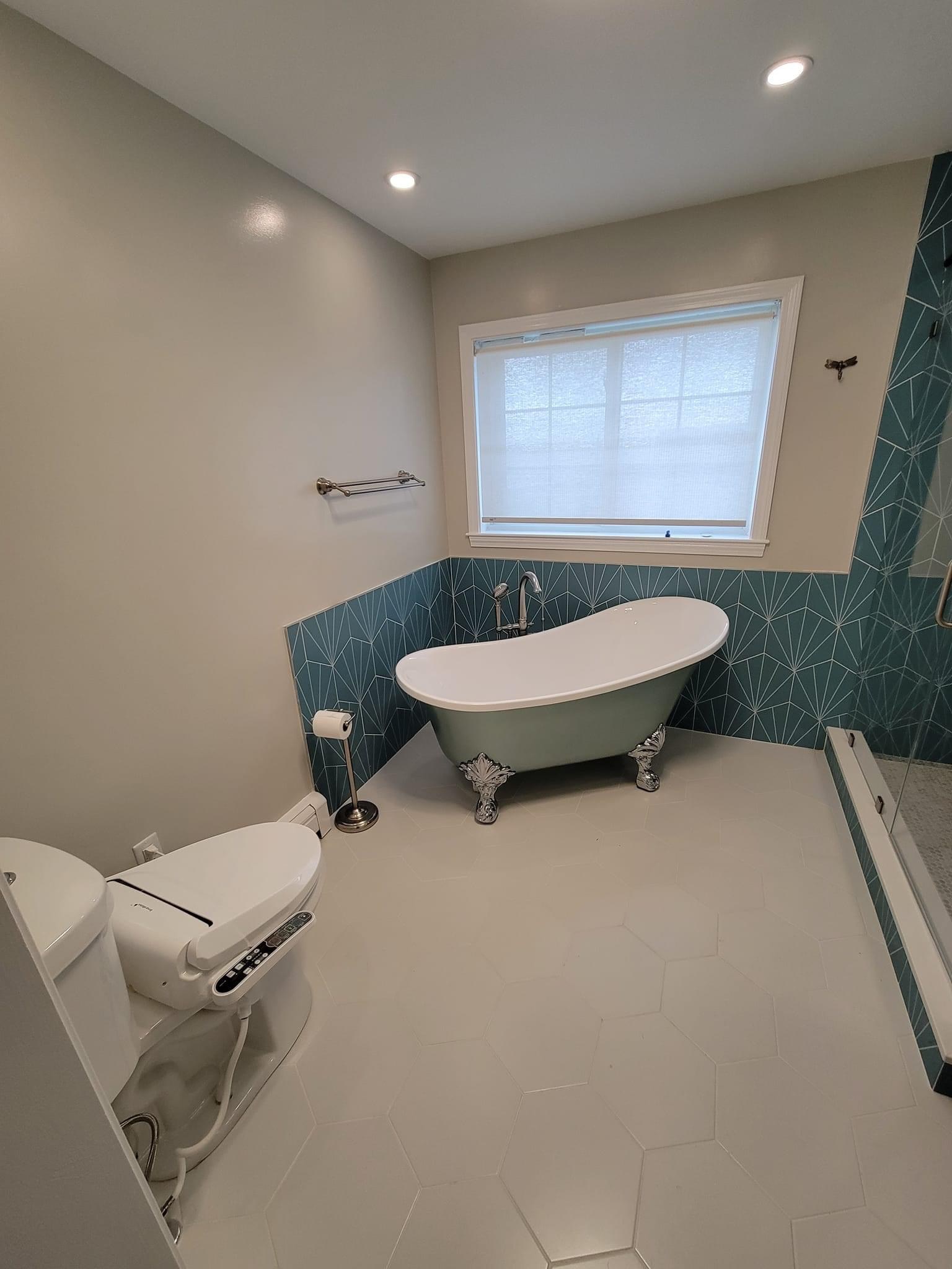 Teal fan-tile bathroom with a bidet toilet feature, companion angle, North Reading
