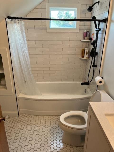 Bathroom tub and shower with subway tile, companion angle, Woburn
