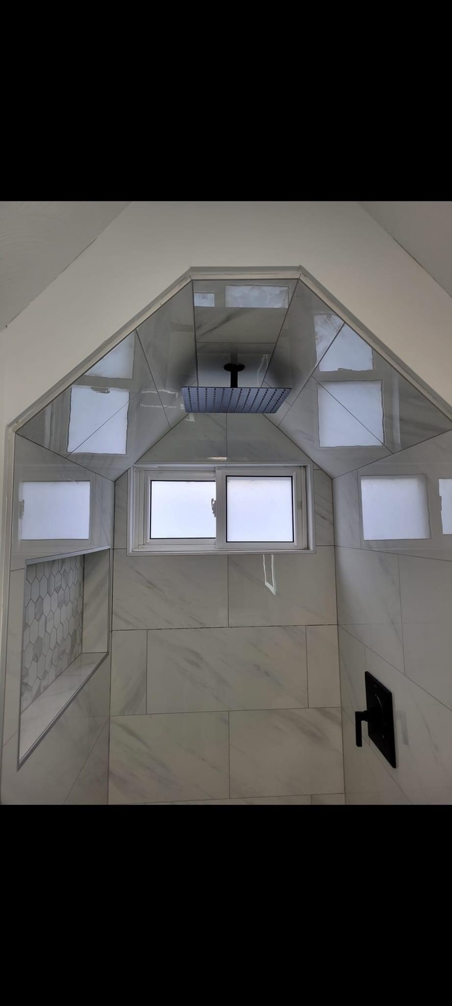 Close ceiling detail of the dormer shower nook, Wakefield